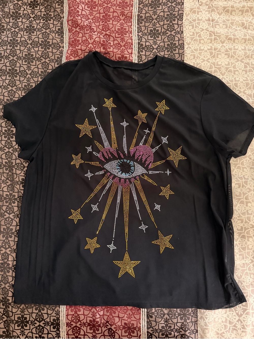 SHEIN Black Eye & Star Rhinestone Short Sleeve Tee